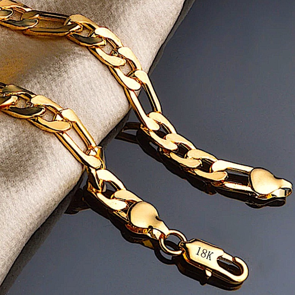18K GOLD PLATED CUBAN FIGARO CHAIN LINK UNISEX NECKLACE BRACELET SET - Picture 12 of 14